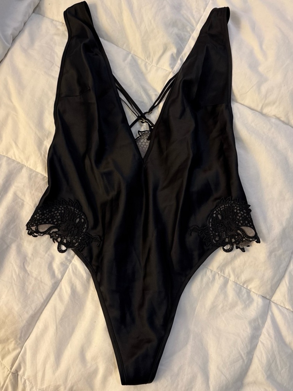 Victoria's Secret Black Lace Inset Satin Bodysuit